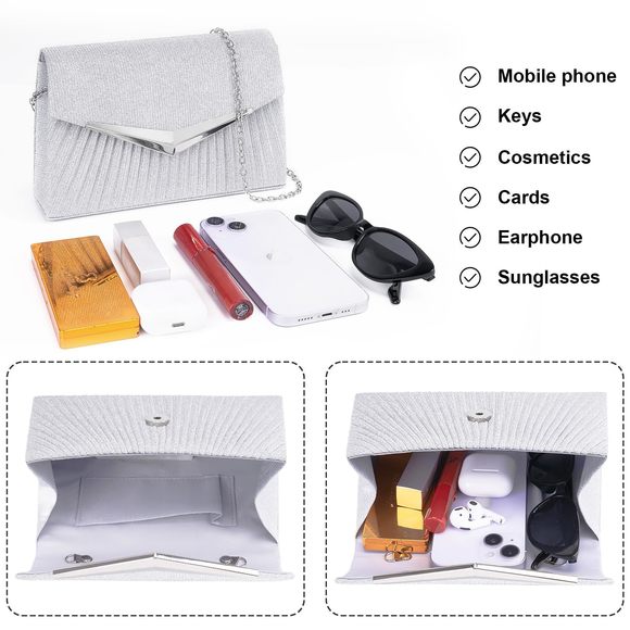 Evening Handbags, Sparkly Pleated Silver Evening Purse With Metal :< - Picture 5 of 7